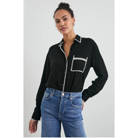 Rails Charli Shirt in Black Blanket Stitch Embroidered Linen Blend Western L - Picture 1 of 8
